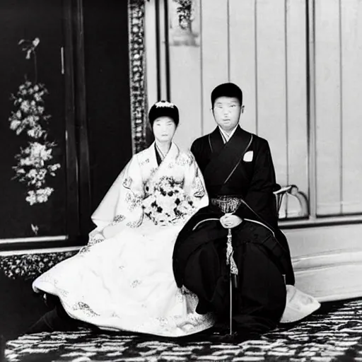 Image similar to An extreme long shot wide shot, colored black and white Russian and Japanese mix historical fantasy a photograph portrait taken at the empress and emperor's royal wedding on their carriage trip back to the palace, they had a private moment together, golden hour, warm lighting, 1907 photo from the official wedding photographer for the royal wedding.