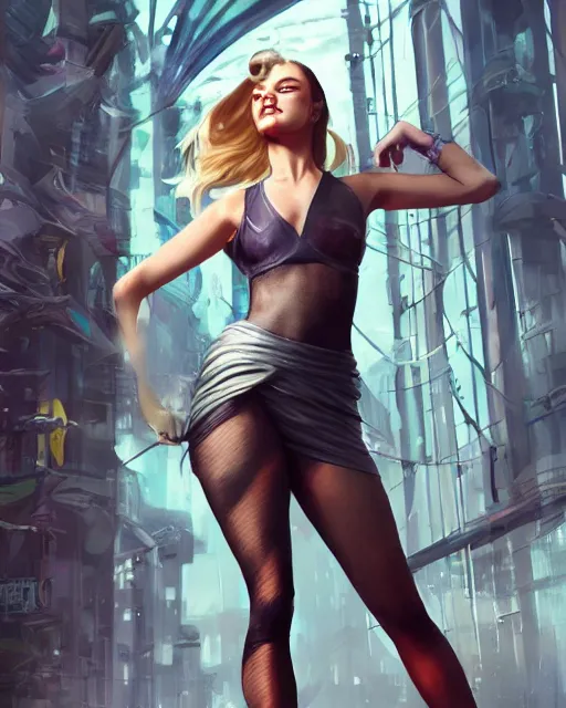 Image similar to full body shot of margot robbie by wlop, rossdraws, Alberto Vargas, mingchen shen, arney freytag, artstation, fantasy photoshoot, urban jungle, fashion pose, octane, 4k