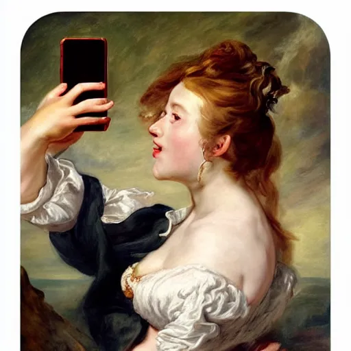 Image similar to heavenly summer sharp land sphere scallop well dressed lady taking a selfie with her iphone auslese, by peter paul rubens and eugene delacroix and karol bak, hyperrealism, digital illustration, fauvist, iphone