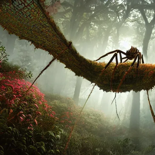 Prompt: an ugly giant spider, beautiful, realistic, atmosphere, vibe, forest, webs, fern, flowers, concept art illustration, color page, tone mapping, akihiko yoshida, james jean, andrei riabovitchev, marc simonetti, digital illustration, greg rutowski, volumetric lighting, sunbeams, particles