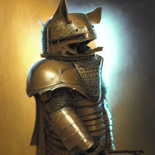 Image similar to knight armor, anthropomorphic shiba inu face, knight round table in tavern,, stuning 3 d render, masterpiece, glowing aura, by donato giancola and greg rutkowski and wayne barlow and zdzisław beksinski, realistic face