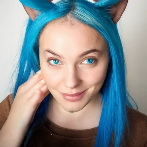 Prompt: photo of a young woman with messy blue hair and cat ears