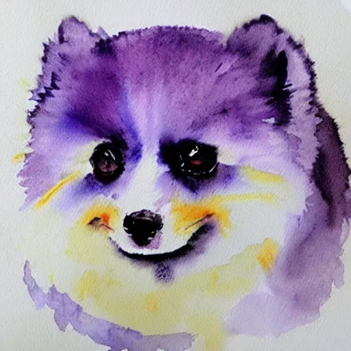 Prompt: “beautiful watercolor painting of a cute purple colored pomeranian”