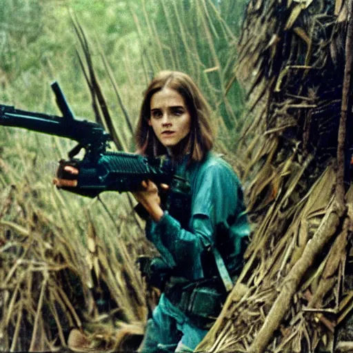 Image similar to film still, extreme far view, emma watson vietnam door gunner, film still from apocalypse now ( 1 9 7 9 ), 2 6 mm, kodak ektachrome, blue tint expired film,