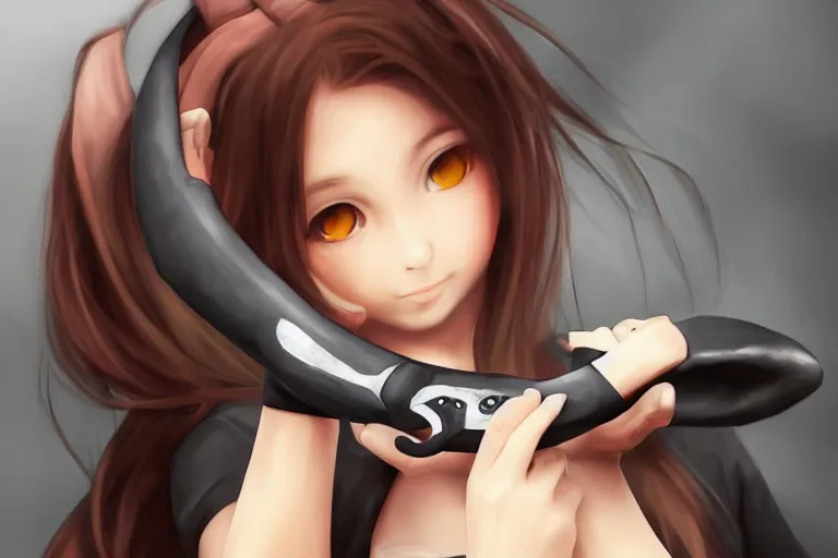 Image similar to cute girl holding karambit, portrait, digital art, realism, 8 k, anime,