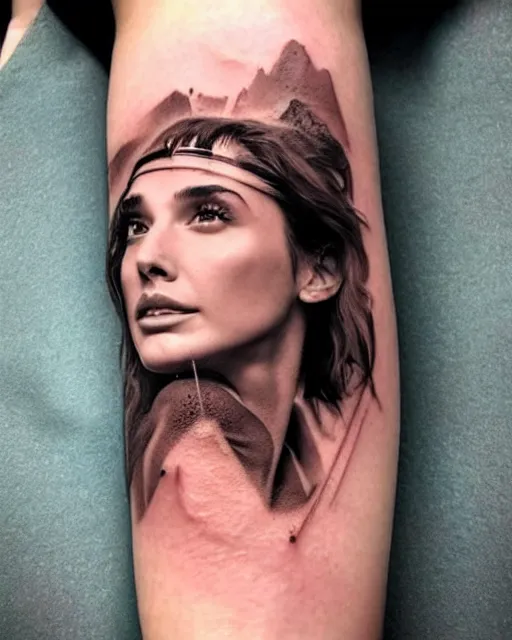 Image similar to creative double exposure effect tattoo design sketch of beautiful gal gadot faded with beautiful mountain scenery, realism tattoo, in the style of matteo pasqualin, amazing detail, sharp