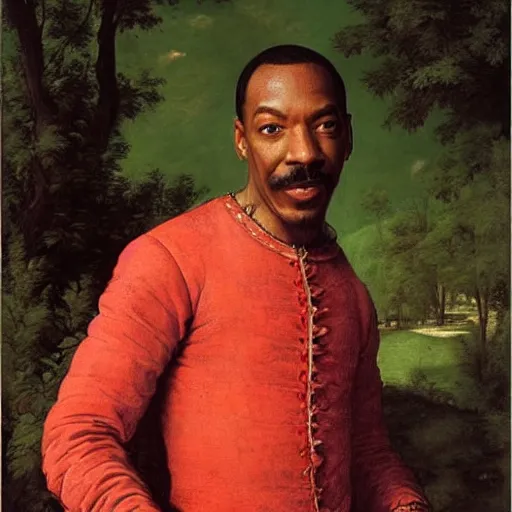 Prompt: renaissance portrait of Eddie Murphy by a meadow in a forest, masterpiece by Eugene de Blaas