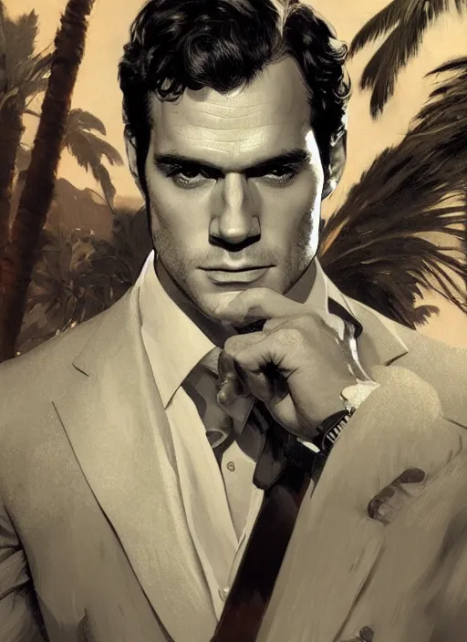 Image similar to portrait of henry cavill as james bond, key art, palm trees, vintage aston martin, highly detailed, digital painting, artstation, concept art, cinematic lighting, sharp focus, illustration, by gaston bussiere alphonse mucha