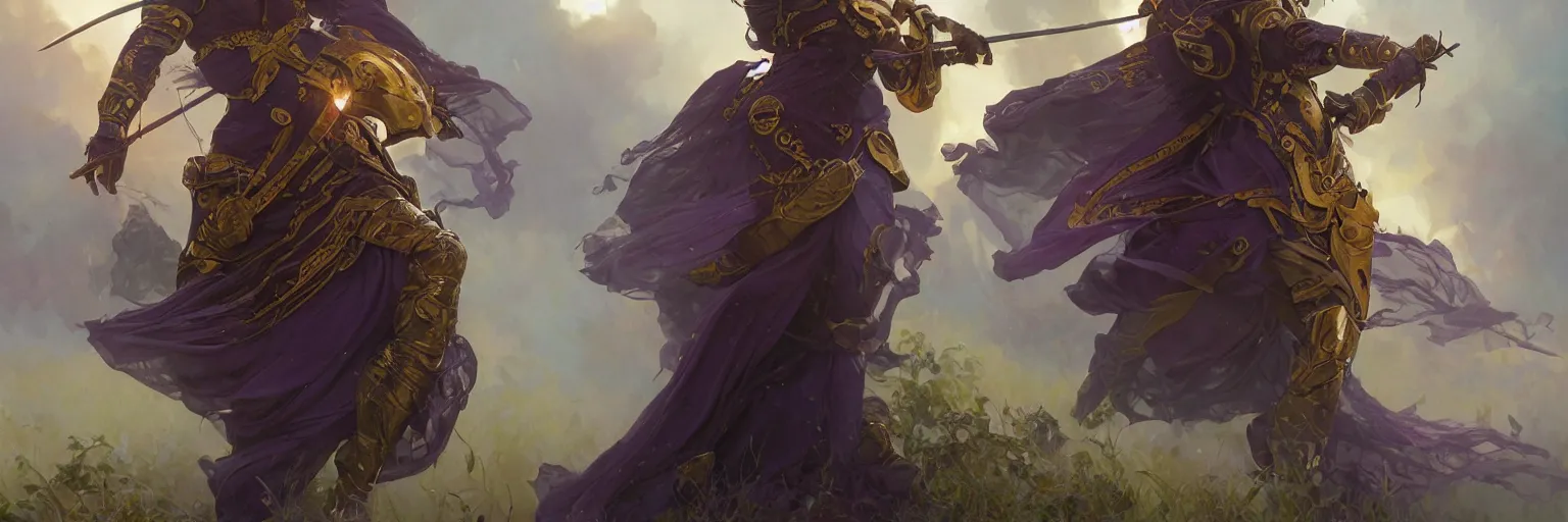 Image similar to cinematic portrait of dark purple smoke, golden light, shield and sword, mossy ground, highly detailed, digital painting, artstation, concept art, smooth, sharp focus, illustration, art by artgerm and greg rutkowski and alphonse mucha