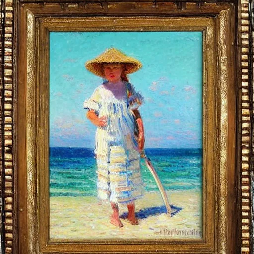 Image similar to by maximilien luce khaki, pastel white composed. the painting of a young girl in a traditional hula outfit. she is standing on a surfboard in front of a beautiful ocean landscape.