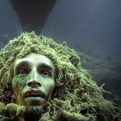 Image similar to Award-winning photograph by Mar Mann. The photo depicts a decaying roman bust of Bob Marley overgrown with moss at the bottom of the sea in the middle of ruins of civilization. Minimalism, high definition, perfect composition. Deep sea picture. Very dark. Volumetric Lighting. Fish. Darkness. Ruins