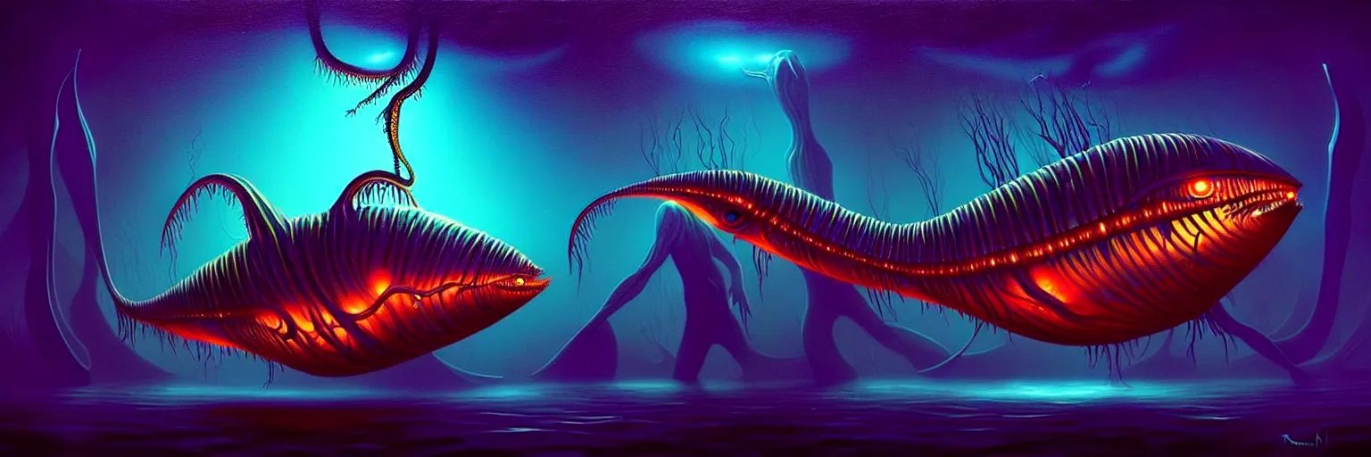 Image similar to strange alien fish creatures from the depths of the collective unconscious, dramatic lighting, surreal darkly colorful painting by ronny khalil