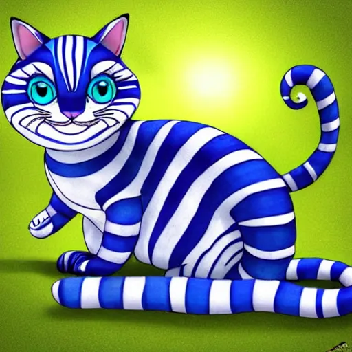 Image similar to cute blue striped cheshire cat. an adorable cat with light blue stripes, blue eyes and a mischievous smile. stunning digital art by eva balloon. fluffy, soft