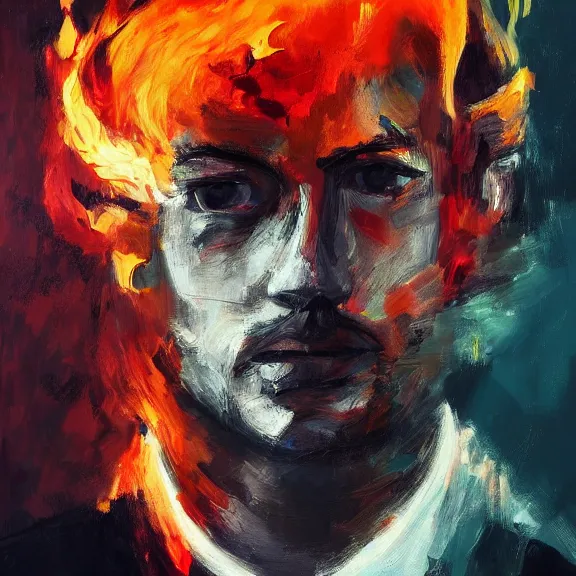 Prompt: abstract painting of man on fire. Handsome. Long hair. portrait. ArtStation. Impressionist. Painful.