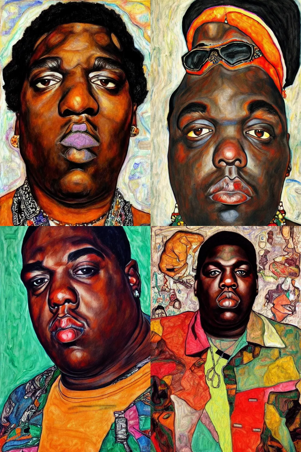 Prompt: a portrait of biggie smalls wearing boho - chic style clothes, full body!!, realistic painting in egon schiele style, masterpiece, hyperdetailed, complex, intricate, 4 k, trending on artstation