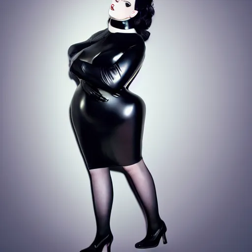 Image similar to portrait of a curvy feminine pale goth cutie in a modest intricate latex-leather-rubber tight neck-high dress, with a thin waist, rubber stockings, cgsociety, photorealistic, sublime-comfy-elegant ambience, 16k, smooth, sharp focus, trending on ArtStation, volumetric lighting, fully clothed, worksafe