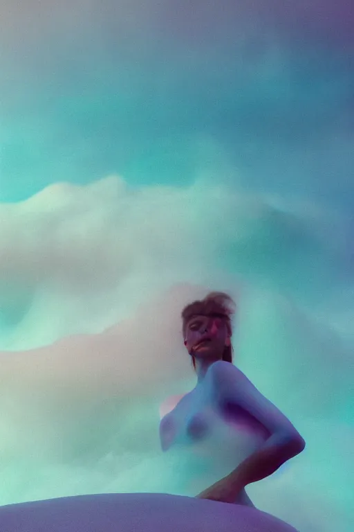 Image similar to high quality pastel coloured film close up wide angle photograph of a model wearing clothing swimming on cloud furniture in a icelandic black rock!! environment in a partially haze filled dreamstate world. three point light, rainbow. photographic production. art directed. pastel colours. volumetric clouds. pastel gradient overlay. waves glitch artefacts. extreme facial clarity. 8 k. filmic.