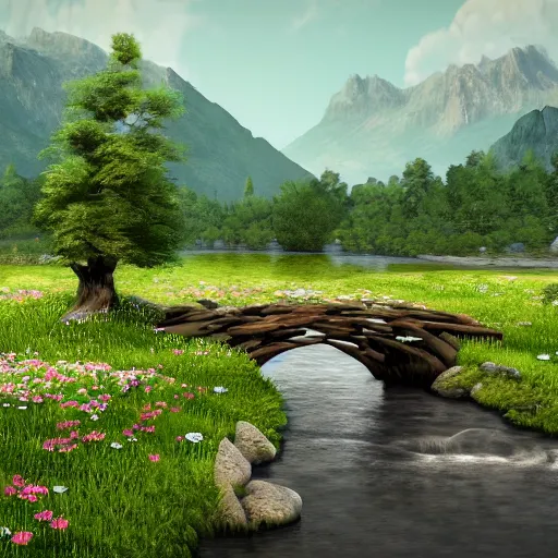 Image similar to A flowery meadow with a large tree in the middle and a river on the right with rocky sides, a wooden bridge on the right and mountains in the background, a slightly overcast sky. ultra realistic, matte painting, concept art, 4k, trending on artstation, octane render, wide lens.