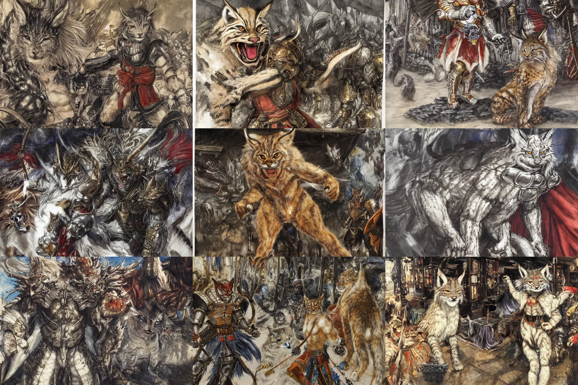Prompt: 8k Yoshitaka Amano painting of upper body of a young cool looking lynx beast-man with white mane at a medieval market at windy day. Depth of field. He is wearing complex fantasy armors. He has huge paws. Renaissance style lighting.