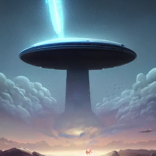 Prompt: a digital painting of a person looking up at a gigantic big enormous ufo spaceship in the sky far in the distance concept art by simon stalenhag and peter mohrbacher cgsociety, speedpainting, apocalypse art. unreal engine. hyper - realistic. photo realistic. 3 d render. octane render. detailed masterpiece. extreme wide shot. zoomed out.