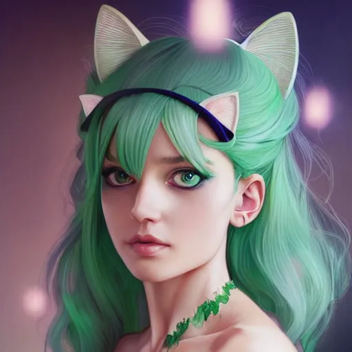 Image similar to ultra realistic illustration, dream girl with white hair, with light green eyes, with cat ears, in a sundress, intricate, elegant, highly detailed, digital painting, artstation, concept art, smooth, sharp focus, illustration, art by artgerm and greg rutkowski and alphonse mucha