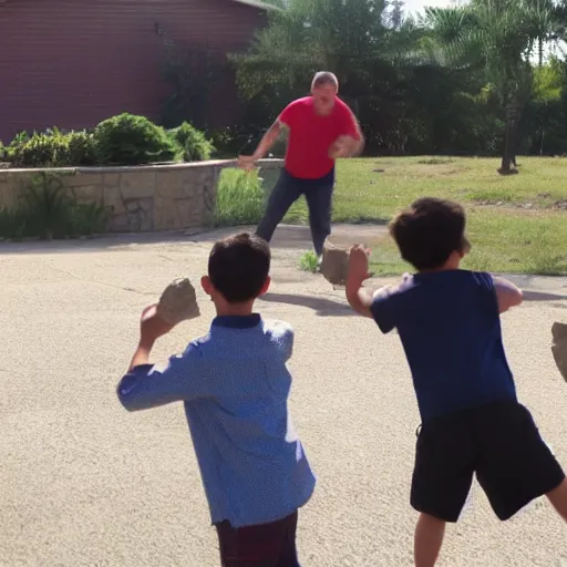 Image similar to angry guy throwing rocks at children