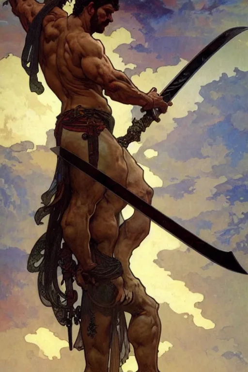 Image similar to A god holding a sword, muscular, fantasy, painting by greg rutkowski and alphonse mucha