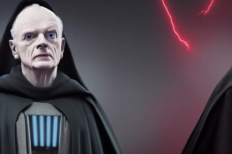 Image similar to a cinematic still of (Ian McDiarmid!!!) as palpatine, wearing sith hood, Ian McDiarmid, ((octane render, nvidia raytracing demo)), ((((lightning)))), masterpiece