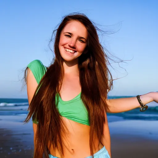 Prompt: Cute young woman, long shiny bronze brown hair, green eyes, cute freckles, soft smile, golden hour, beach setting, medium shot, mid-shot