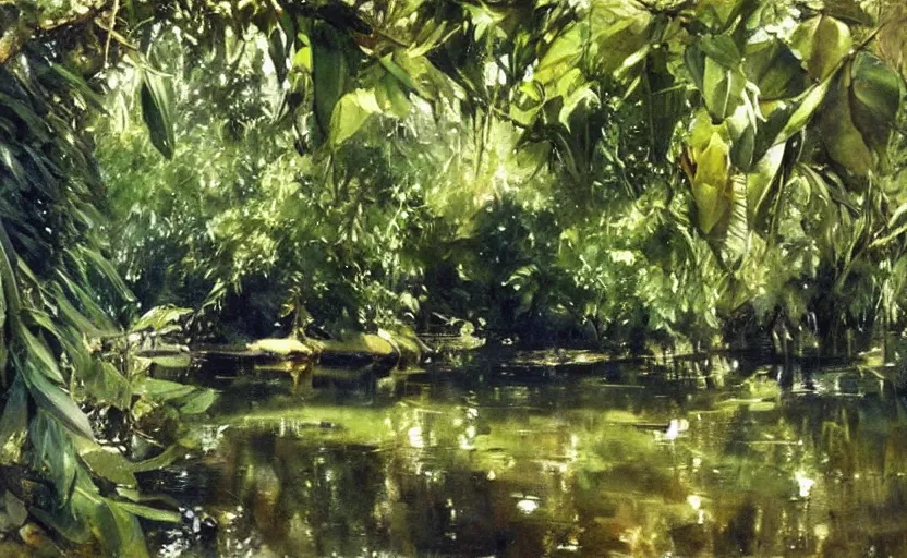 Image similar to oil painting lanscape by anders zorn, jungle nature, fruit trees, very very very very beautiful art, dramatic light, water reflections, aquarelle paint splashes and drips, drops