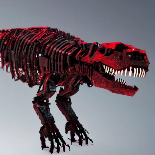 Image similar to still of a cyborg T-Rex, red eyes, robotic extended arms, 4k, film grain, 85mm