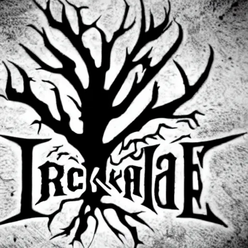 Image similar to black metal band logo, unreadable text, metal font, looks like a tree silhouette, complex, horizontal