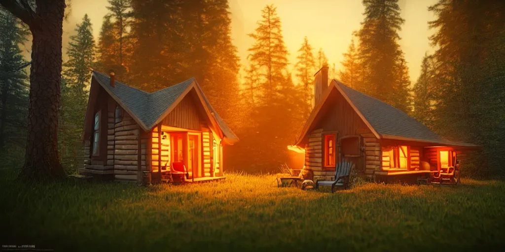 Image similar to a cozy little house in the woods, relaxing, 3 d concept art by philipp urlich, chill, relaxing, peaceful, sunset, extremely detailed art, unreal engine 5, hyper realism