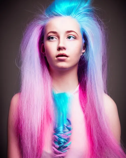 Prompt: a dramatic lighting photo of a beautiful young woman with cotton candy hair. with a little bit of cyan and pink