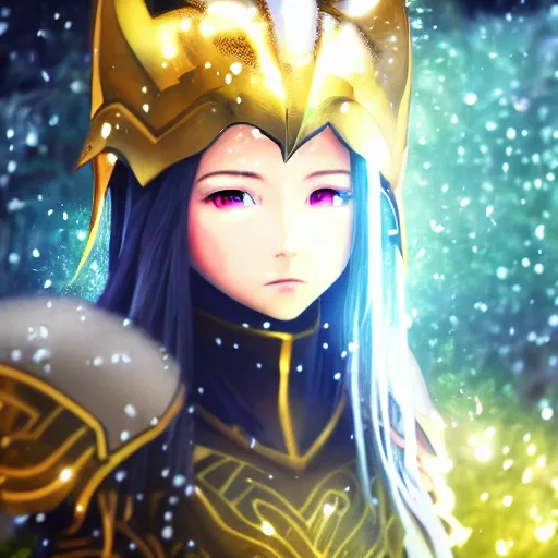 Image similar to focus face portrait of beautiful darkness knight 3D anime girl, golden armor wearing, dark forest background, snowing, bokeh, inspired by Masami Kurumada, digital painting, high contrast, unreal engine render, volumetric lighting, high détail