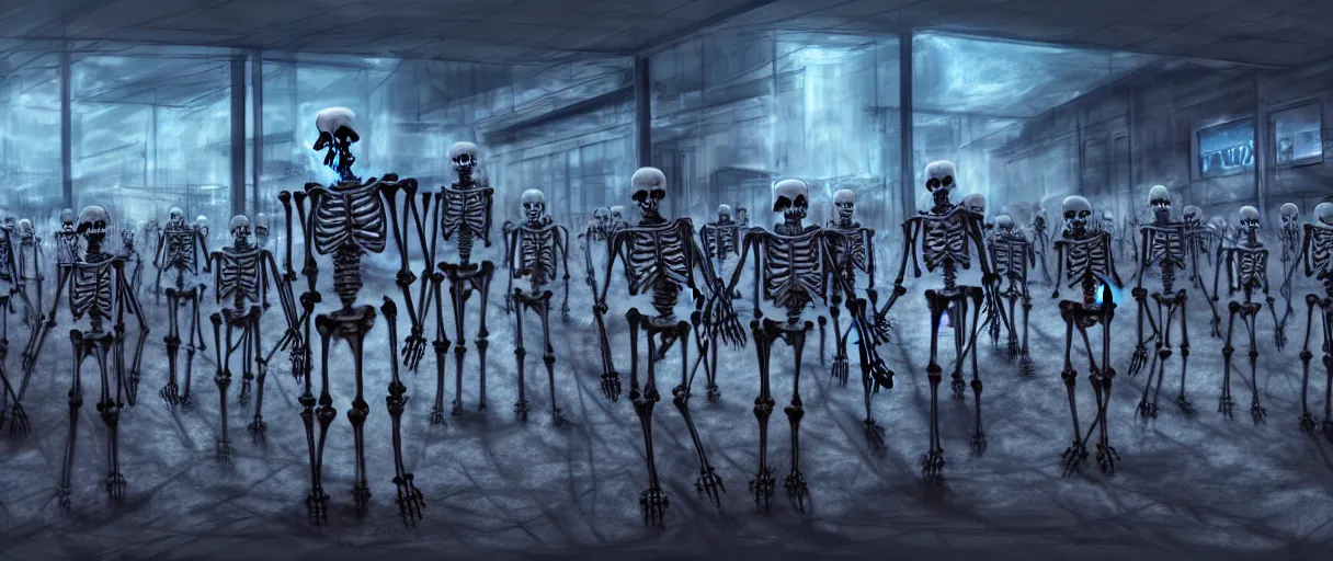 Prompt: hyperrealistic skeleton army mall in background ute osterwald jason limon concept art dramatic blue lighting wide angle hd 8k sharp shallow depth of field