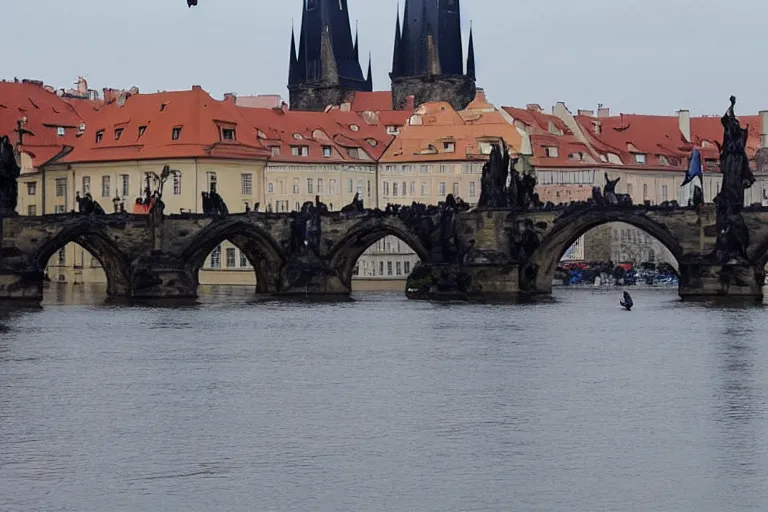 Image similar to richard gere plays iron man flies over charles bridge in prague, epic scene from marvel movie, movie still