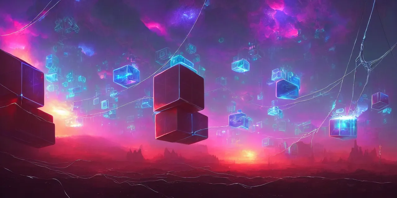 Image similar to a fleet of giant glowing futuristic cubes tied to each other with lots of wires in the sky, thick messy glowing wires, light rays bouncing between cubes, a fantasy magical landscape seen in the distance, atmospheric lighting, intricate, volumetric lighting, beautiful, sharp focus, ultra detailed, in the art style of marc simonetti, bowater charlie and brom gerald, astrophotography