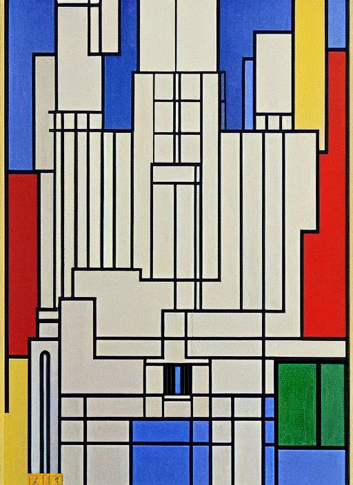 Prompt: isometric artdeco cathedral by frank lloyd wright painted by piet mondrian