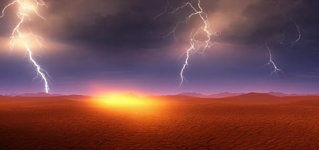 Image similar to a beautiful picture of a desert, intricate detail, god rays, an extremely close lightning strike, sunset, serene, volumetric lighting, volumetric clouds, 8 k, hyperrealistic, digital art trending on artstation