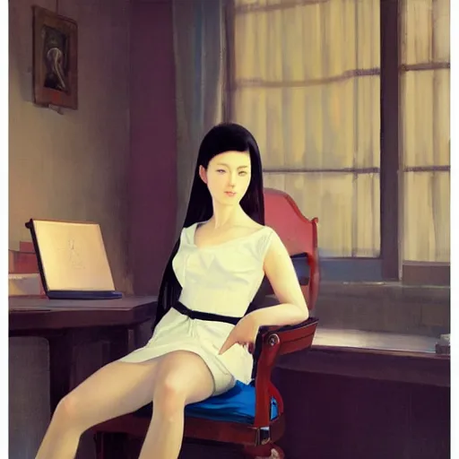 Prompt: oil painting by ilya kuvshinov, sakimichan, coby whitmore, of a youthful japanese beauty, long hair, sitting on antique chair leaning against a desk, victorian room