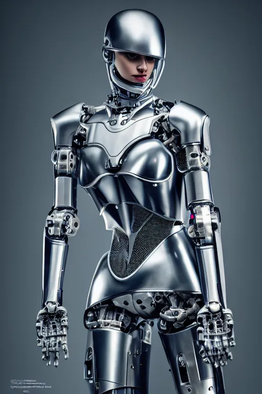 Image similar to cybernetic ultra high tech female knight, sci - fi, high technologies, futurism, exoskeleton, carbon, strong artificial intelligence, symmetry, cinematic, elegant, luxury, perfect light, perfect composition, dlsr photography, sharp focus, 8 k, ultra hd, sense of awe, highly detailed, realistic, intricate, science journal cover