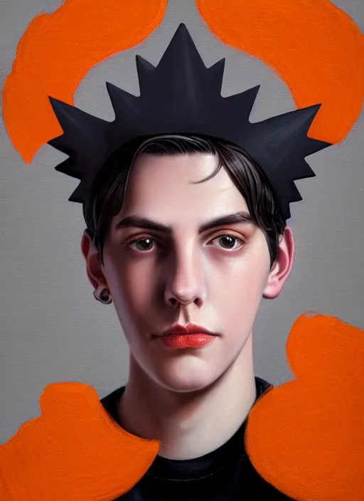 Image similar to portrait of teenage jughead jones wearing a light grey crown, crown, hamburger background, eyes closed, crown, black hair, orange, intricate, elegant, glowing lights, warm lighting, highly detailed, digital painting, artstation, concept art, smooth, sharp focus, illustration, art by wlop, mars ravelo and greg rutkowski