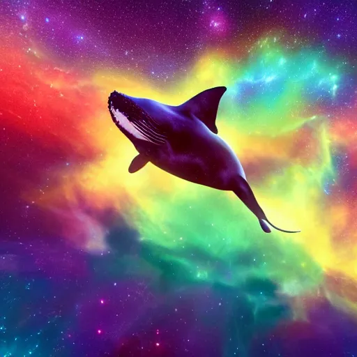 Image similar to A whale floating through the colorful cosmos containing multiple nebula, rendered in unreal engine 5