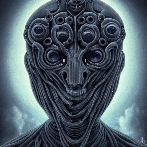 Image similar to naraka buddhist alien demon korean, no face, tubular creature, blood vessels, blue eyes, black energy, dystopian surrealism, zdzisław beksinski, symmetry accurate features, very intricate details, high resolution, symmetrical long head, smooth marble surfaces, detailed ink illustration, robot, metal gear, cinematic smooth stone, deep aesthetic, concept art