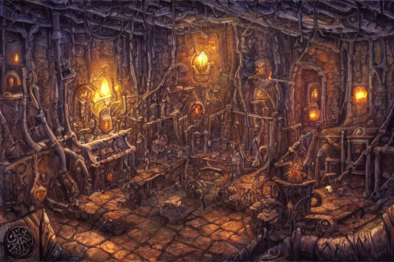 Prompt: Planescape Torment, inside the smoldering corpse bar, clean oil painting by thomas rocha