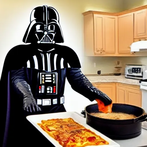 Prompt: darth vader cooking lasagna, cooking show