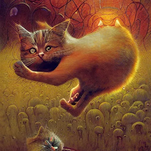 Image similar to A cat tripping on LSD, by Esao Andrews and Karol Bak and Zdzislaw Beksinski