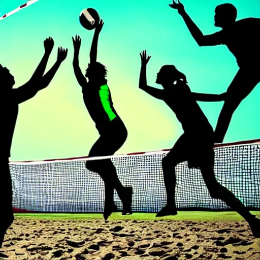 Image similar to green silhouettes playing volleyball, sports ad, white plain background