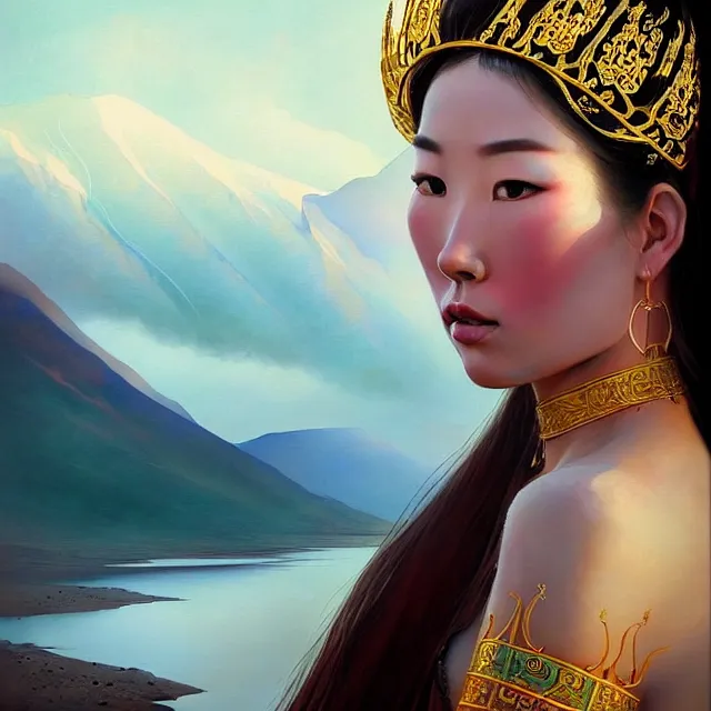 Prompt: beautiful portrait of a sexy mongolian queen goddess in a sensual pose, sexy face, centered face, atmospheric lighting, intricate, volumetric lighting, beautiful, rich deep colours masterpiece, sharp focus, ultra detailed, in the art style of bowater, charlie, with lake baikal in the background